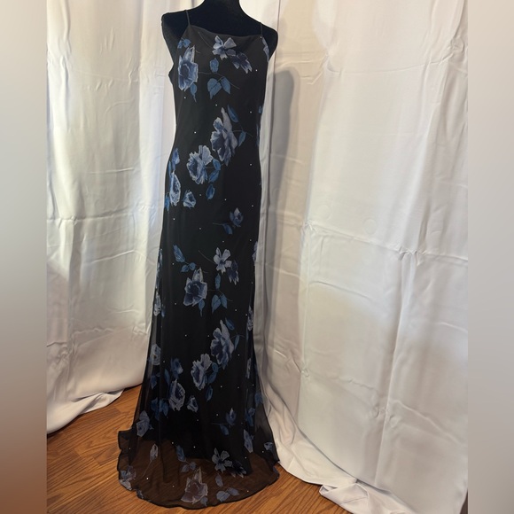 Vtg Y2K Betsy & Adam Black Blue Floral Prom Gown | 14 | Ethereal Fairy - Picture 3 of 12